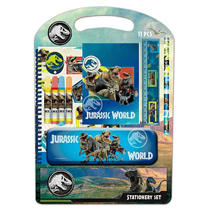 Safta Jurassic World Pack Escolar con Plumier Metalico - Lapiz - 4 Rotuladores - Regla 15cm - Sacapuntas - Goma - Libreta A4 - Bloc de Notas A6 - 270x