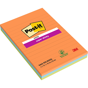 Post-It Super Sticky Pack de 3 Blocs de 45 Notas Adhesivas Reposicionables - Forma Rectangular - 101x152mm - Colores Surtidos