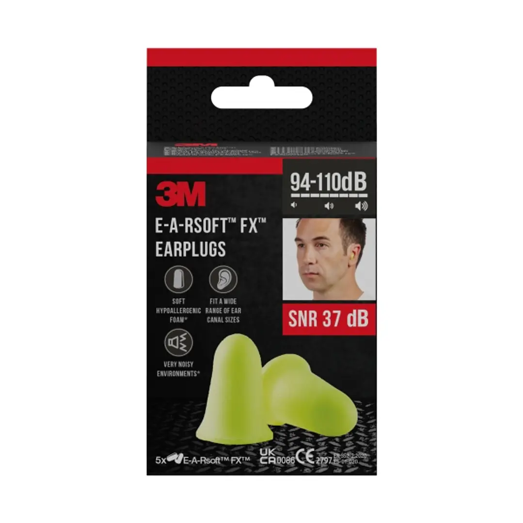 3M E-A-Rsoft Fx Pack de 10 Tapones para Oidos - Espuma de Poliuretano Suave - SNR 37dB - 5 Pares - Color Amarillo 1