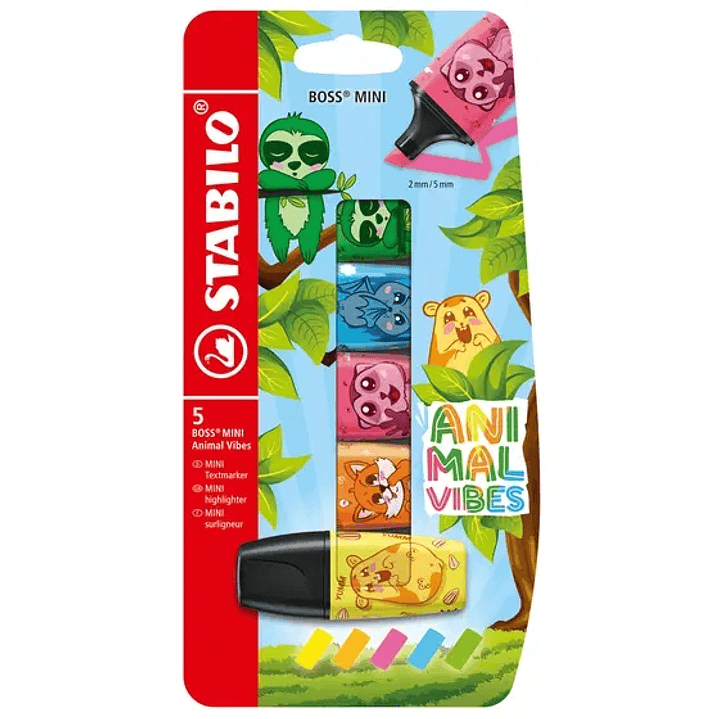 Stabilo Boss Mini Animal Vibes Pack de 5 Mini Marcadores Fluorescentes - Trazo entre 2 y 5mm - Tinta con Base de Agua - Antisecado - Colores Surtidos 1
