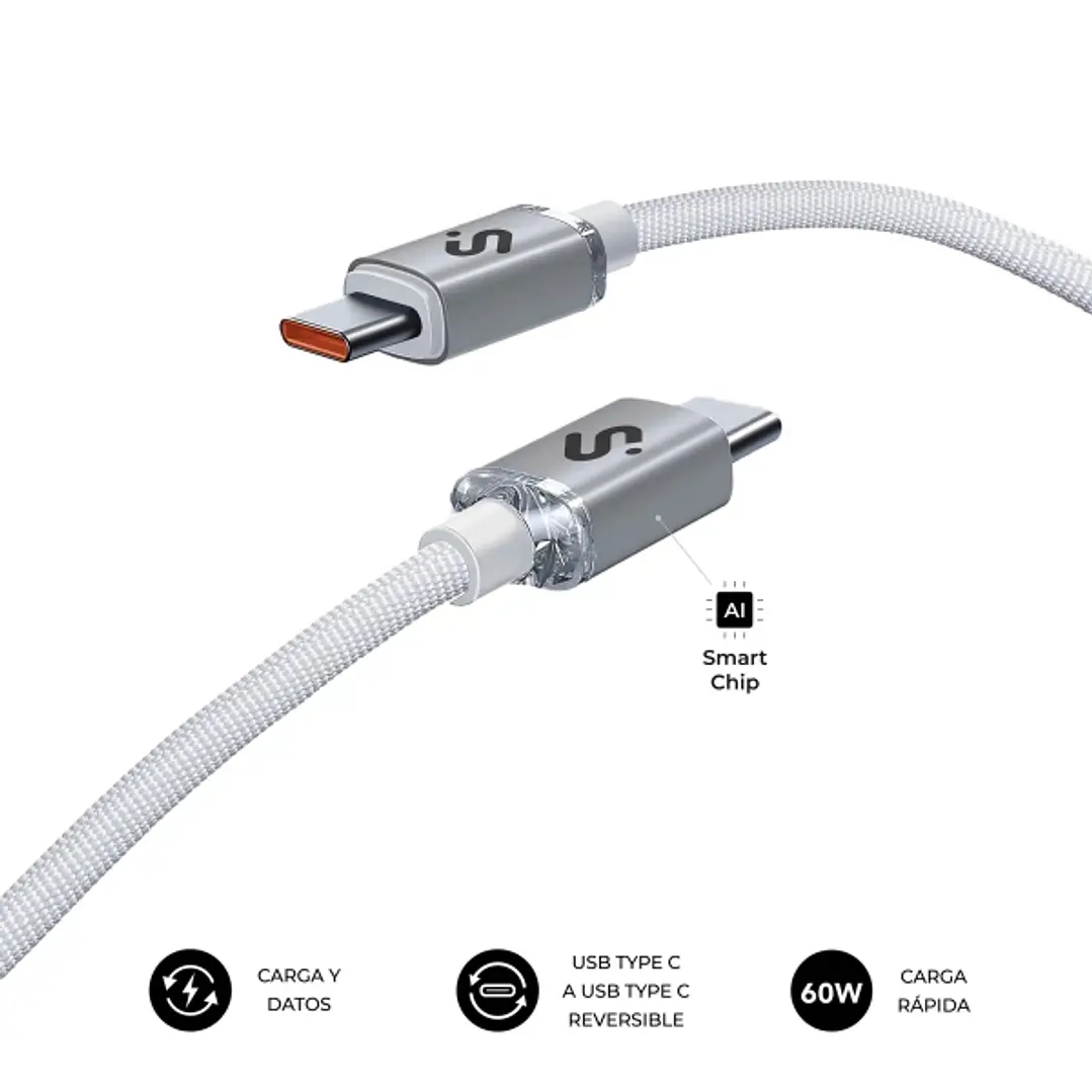 Subblim Cable Optimus USB-C - 60W - Nylon Trenzado - 480Mbps - 1 Metro - Color Blanco 1
