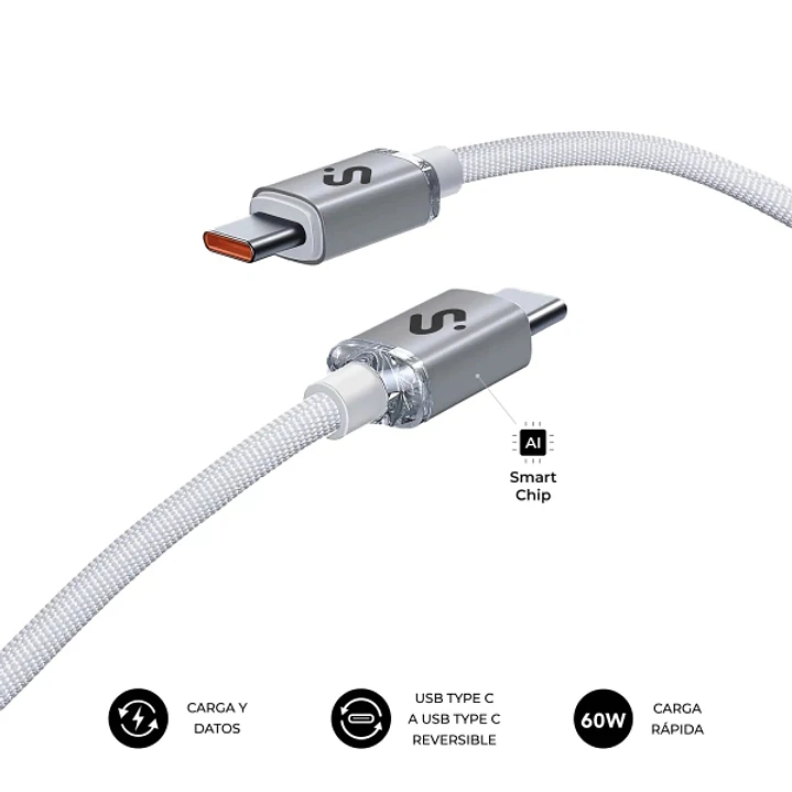 Subblim Cable Optimus USB-C - 60W - Nylon Trenzado - 480Mbps - 1 Metro - Color Blanco 1