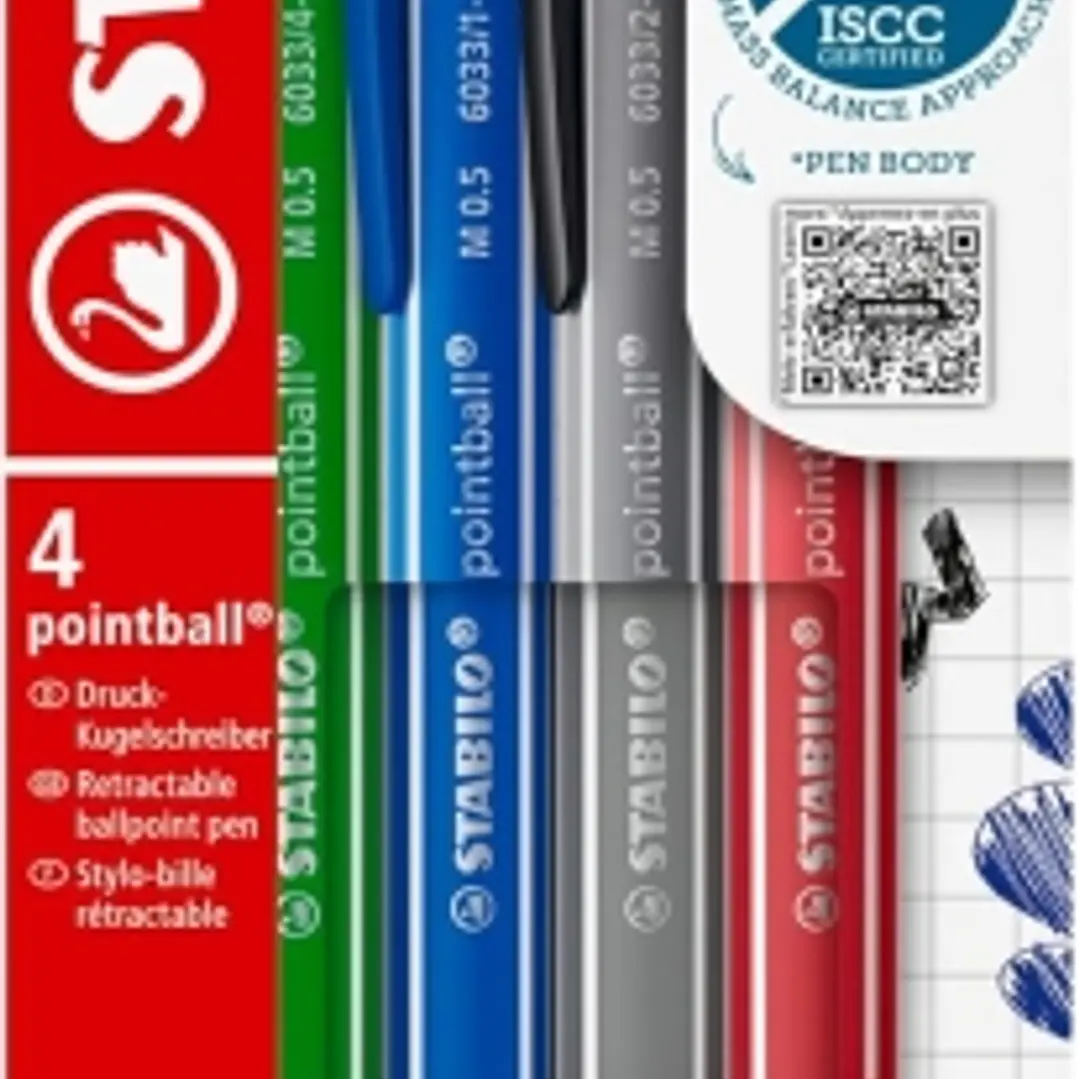 Stabilo Pointball Colorful Pack de 4 Boligrafos Retractiles - Trazo 0.5mm - Hechos con 87% Bioplastico - Grip Antideslizante - Recargables - Colores S 1