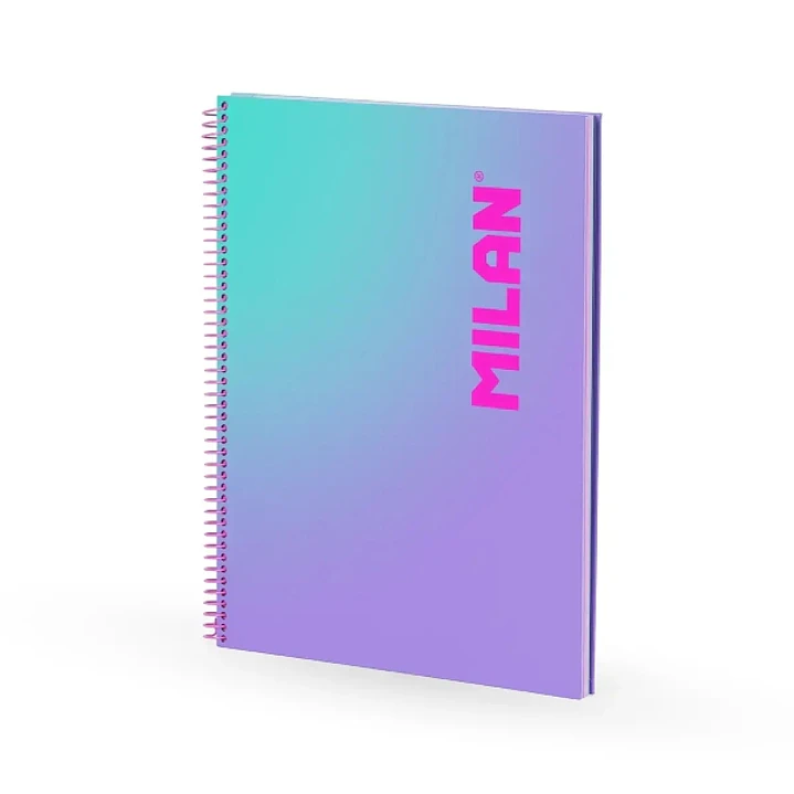 Milan Sunset Cuaderno Espiral Formato A4 Pautado 7mm - 90 Hojas de 95 gr/m2 - Microperforado, Bandas de Color y 4 Taladros - Color Violeta/Turquesa 1