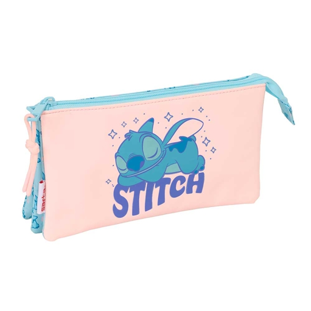 Safta Stitch Ohana Portatodo - 3 Compartimentos con Cremalleras - Bolsillo Interior - 0.6L - 220x30x120mm - Color Azul Claro 1