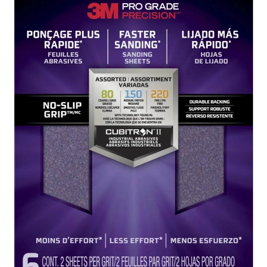 3M Pro Grade Precision Faster Pack de 6 Hojas de Lijado - Lijas de Granos Surtidas - 22.8x27.9cm - Rendimiento Superior - Reduccion de Fatiga - Color  1