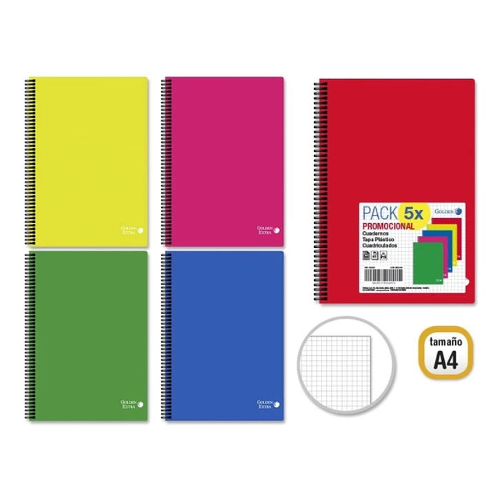 Golden Basic Pack de 5 Cuadernos A4 80 Hojas 90gr Cuadricula 4x4 - Ideal para Estudiantes - Tapa Polipropileno - Colores Surtidos 1