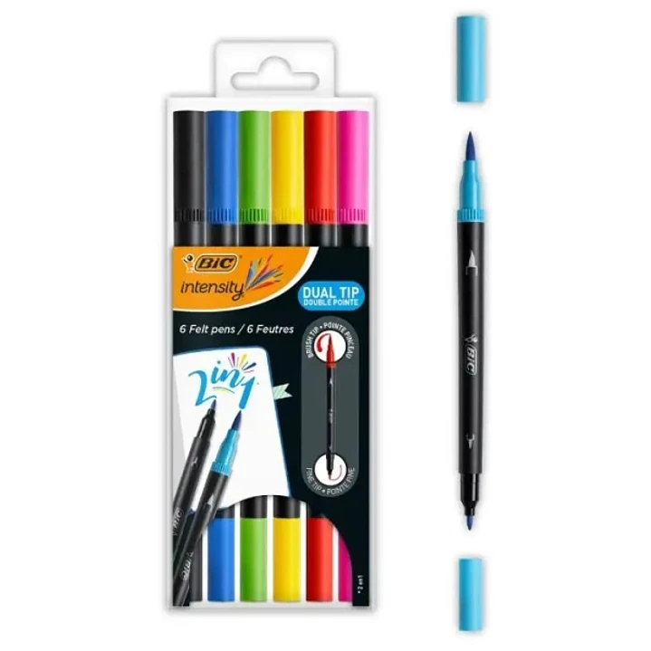 Bic Intensity Dual Tip Pack de 6 Rotuladores Doble Punta - Punta de Pincel + Punta Fina - Tinta con Base de Agua - Colores Clasicos Surtidos 1