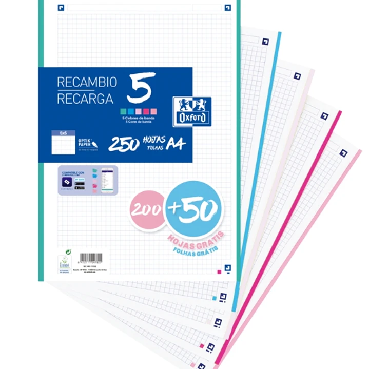 Oxford School Pack de 5 A4 Recambio - 200+50 Hojas - Colores Surtidos 1