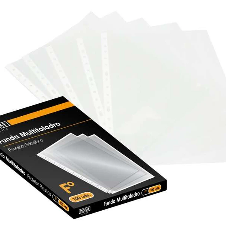Ingraf Pack de 100 Fundas Multitaladro Folio Transparentes 70 Micras - Acabado Granulado 1