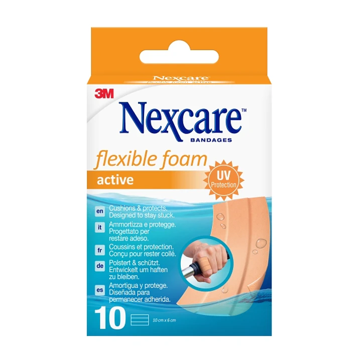 Nexcare Active Flexible Foam Pack de 10 Apositos para Heridas - 6x10cm - Transpirable - Resistente al Agua - Color Piel 1