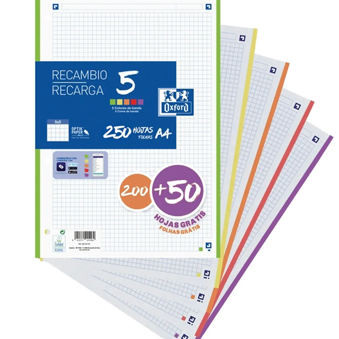 Oxford School Recambio con 250 Hojas A4 Cuadricula 5x5 - 5 Bandas de Color 1