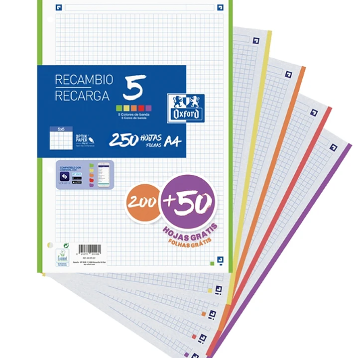 Oxford School Recambio con 250 Hojas A4 Cuadricula 5x5 - 5 Bandas de Color 1