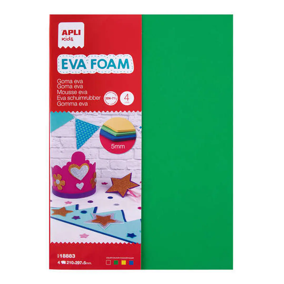 Apli Goma Eva Multicolor A4, 5mm - 4 Hojas Gruesas - Rojo, Amarillo, Verde y Azul 1