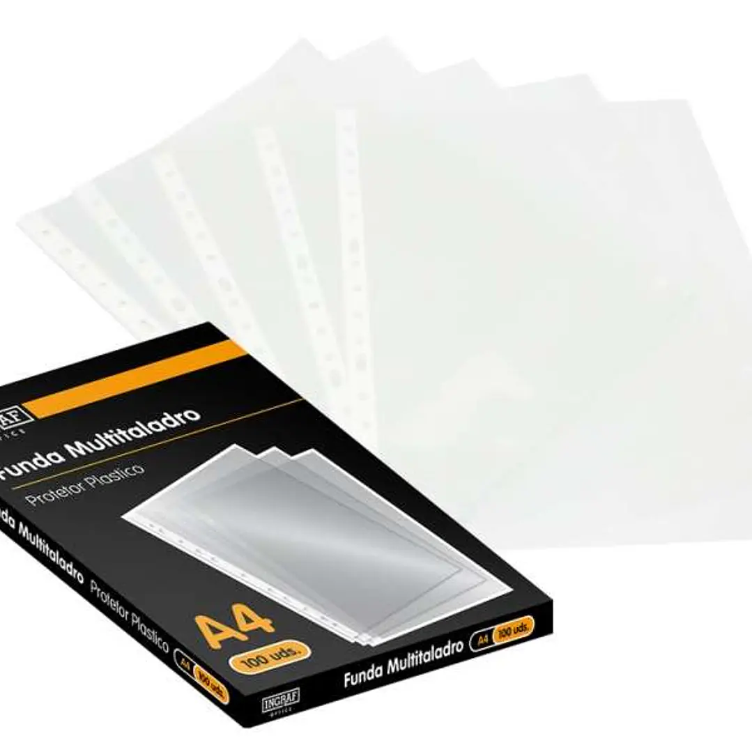 Ingraf Pack de 100 Fundas Multitaladro A4 Transparentes 70 Micras - Acabado Granulado 1