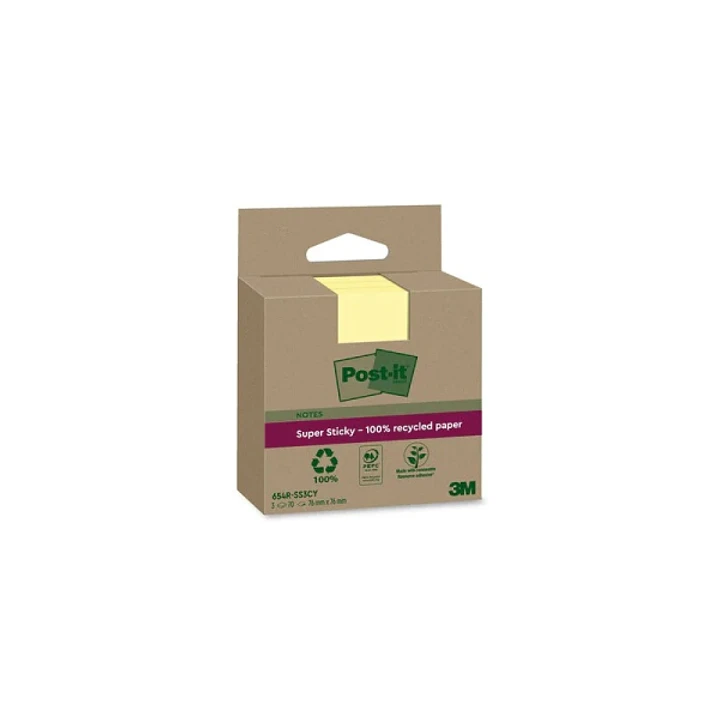 Post-It Super Sticky Pack de 3 Blocs de 70 Notas Adhesivas Recicladas - Forma Cuadrada - 76x76mm - Color Amarillo Claro 1