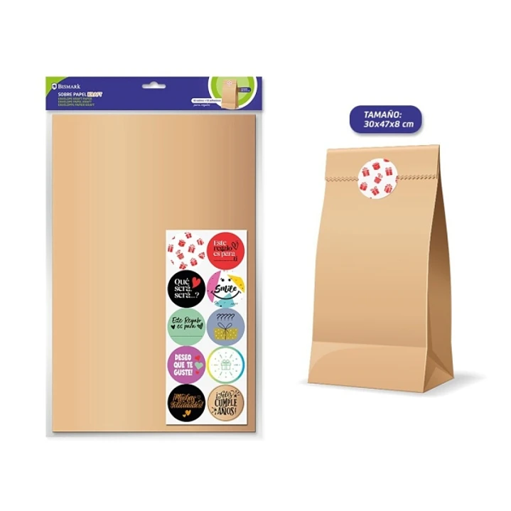 Bismark Pack de 10 Sobres Papel Kraft 50grs con 10 Pegatinas para Cierre - Medidas 30x47x8cm - Ideal para Regalos - Color Marron Kraft 1