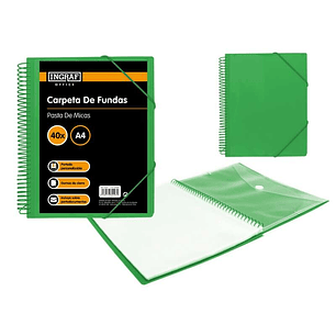 Ingraf Carpeta 40 Fundas A4 + Sobre con Broche - Espiral Plastica Indeformable - Apertura 360 Grados - Portada Personalizable - Color Verde