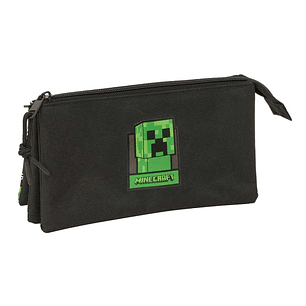 Safta Minecraft Portatodo - 3 Compartimentos con Cremalleras - Bolsillo Interior - 0.6L - 220x30x120mm - Color Negro