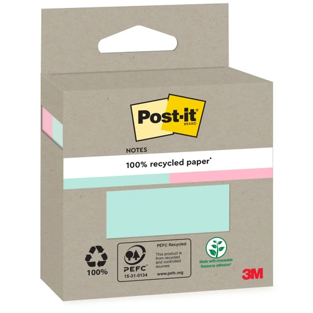 Post-It Pack de 2 Blocs de 100 Notas Adhesivas Recicladas - Forma Cuadrada - Colores Surtidos 1