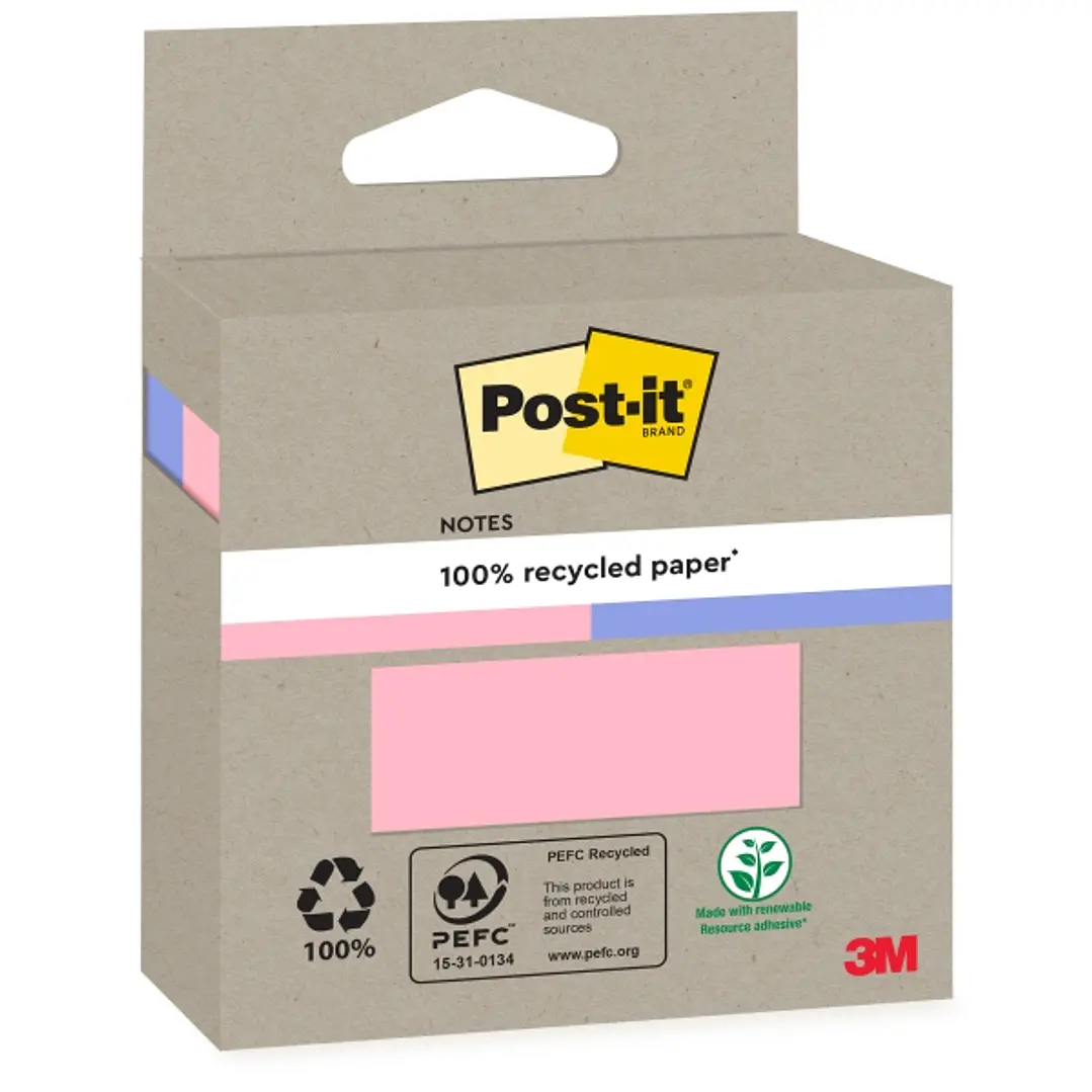 Post-It Pack de 2 Blocs de 100 Notas Adhesivas Recicladas - Forma Cuadrada - Colores Surtidos 1