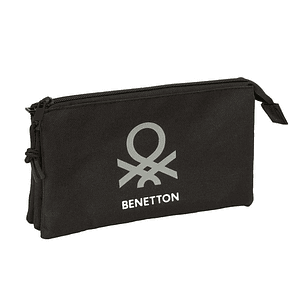 Safta Benetton Basics Portatodo - 3 Compartimentos con Cremalleras - Bolsillo Interior - 0.6L - 220x30x120mm - Color Negro