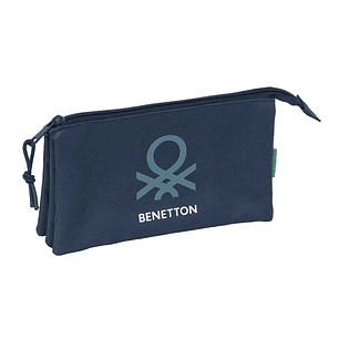 Safta Benetton Basics Antracita Portatodo - 3 Compartimentos con Cremalleras - Bolsillo Interior - 0.6L - 220x30x120mm - Color Azul Marino
