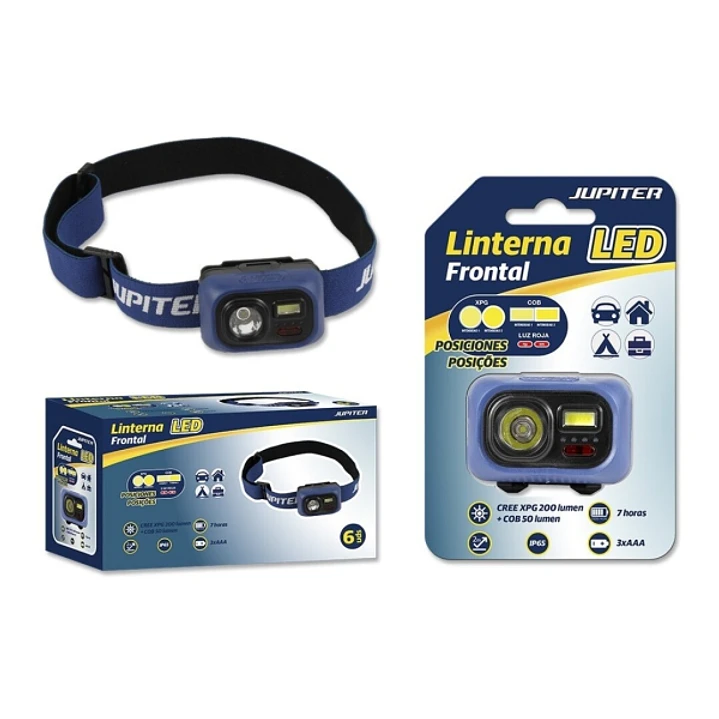 Jupiter Linterna Frontal LED 200lm + COB 50lm - Resistencia IP65 - Goma Ajustable para Cabeza - Funciona con 3 Pilas AAA (No Incluidas) - Color Azul 1
