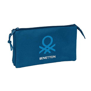 Safta Benetton Basics Marino Portatodo - 3 Compartimentos con Cremalleras - Bolsillo Interior - 0.6L - 220x30x120mm - Color Azul Oscuro