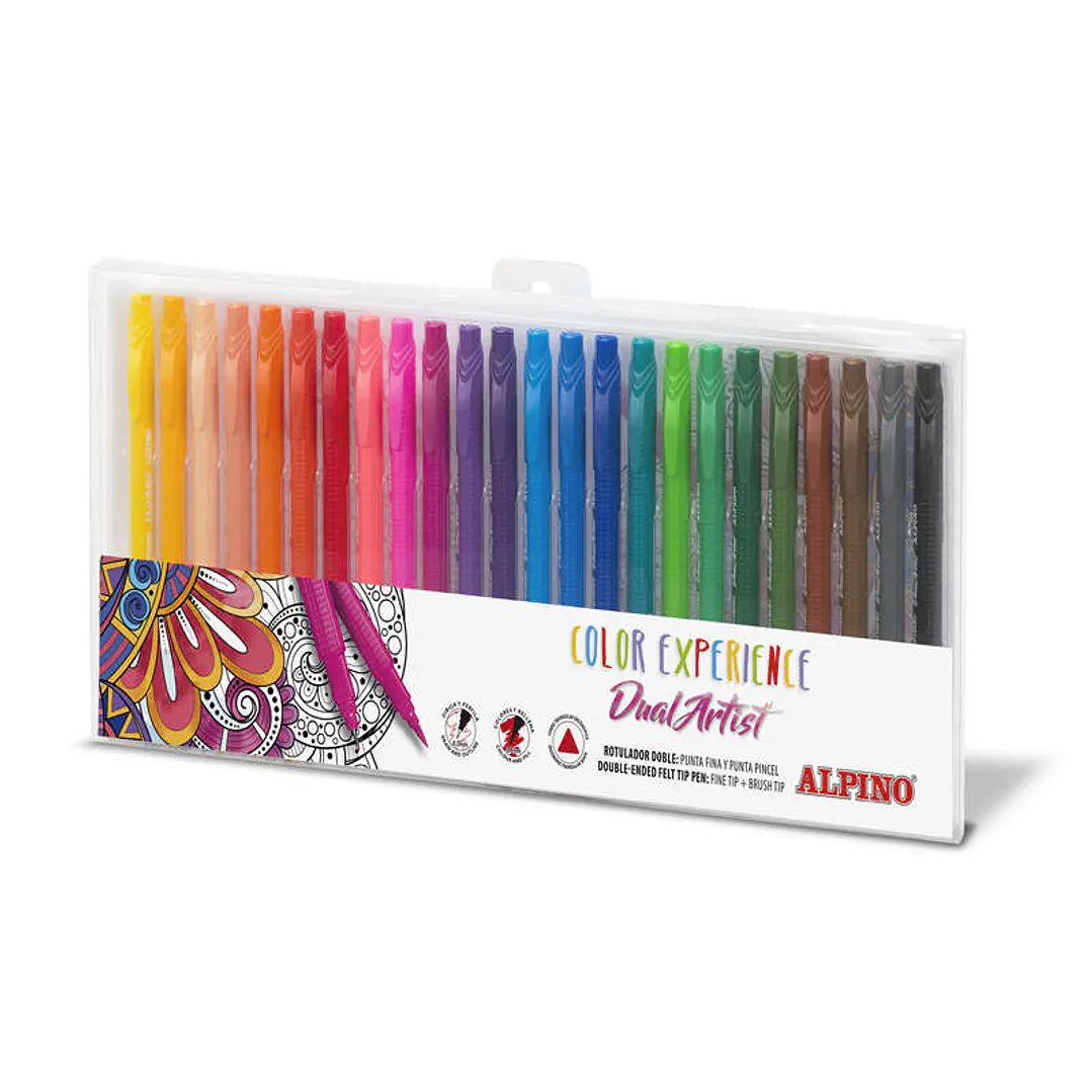 Alpino Color Experience Pack de 24 Rotuladores Doble Punta con Punta Pincel - Forma Triangular Ergonomica - Punta Fine Liner de 0.7mm y Punta Pincel d 1