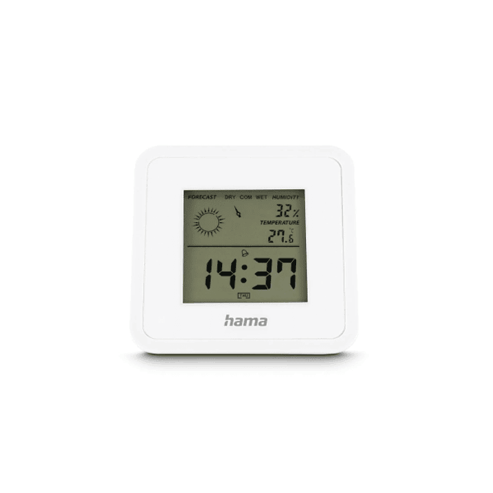Hama Borneo Medidor de Temperatura y Humedad para Interior - Pantalla Digital - Reloj - Indicador de Confort - 8x1.2x8cm - Color Blanco 1