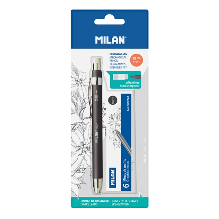 Milan Portaminas Profesional 5.2mm - Incluye 6 Minas de Recambio - Dureza B - Color Negro 1