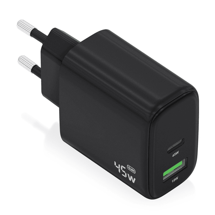 Aisens Cargador GAN 45W - 1xUSB-C PD3.0 QC4.0 y 1xUSB-A QC3.0 - Color Negro 1