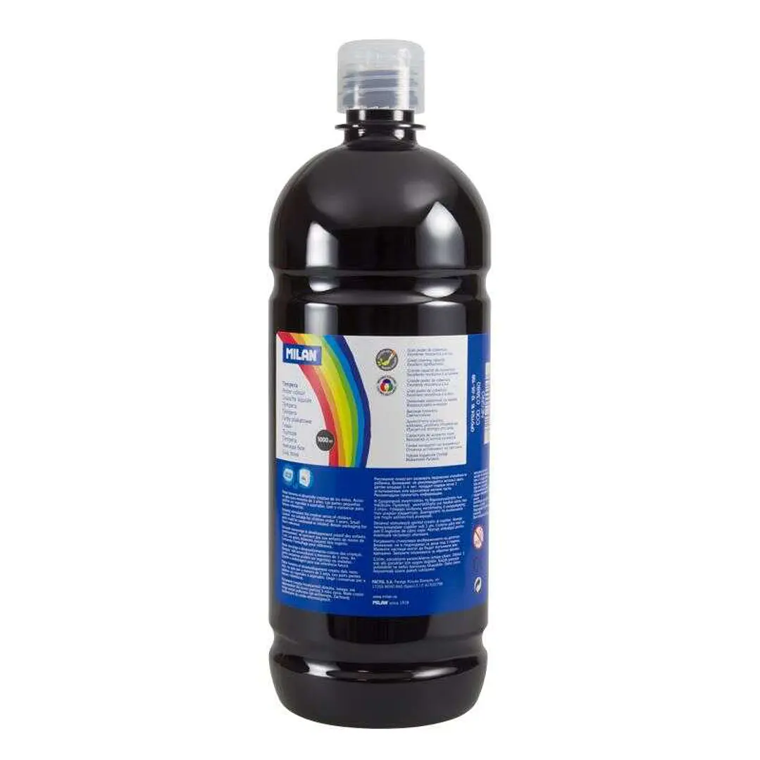 Milan Botella de Tempera 1000ml - Tapon Dosificador - Secado Rapido - Mezclable - Color Negro 1