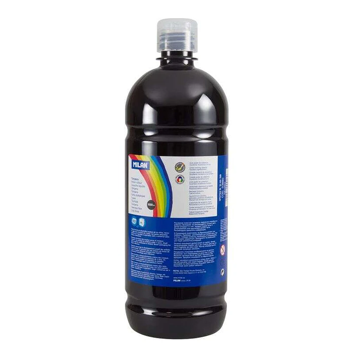 Milan Botella de Tempera 1000ml - Tapon Dosificador - Secado Rapido - Mezclable - Color Negro 1