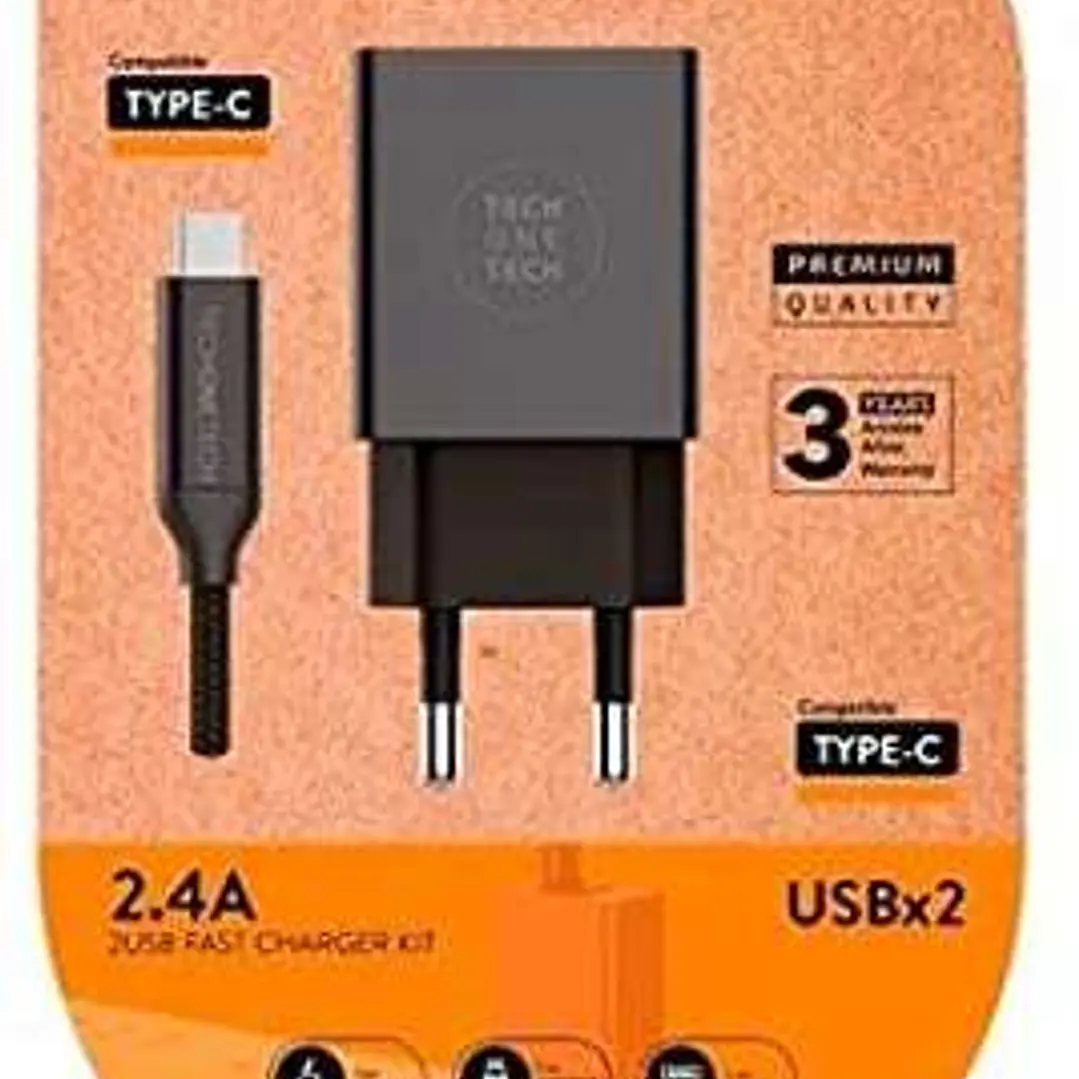 TechOneTech Cargador Doble de Pared + Cable USB-A a USB-C 1m - Recubierto de Nylon Trenzado 1
