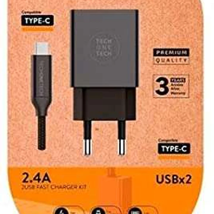 TechOneTech Cargador Doble de Pared + Cable USB-A a USB-C 1m - Recubierto de Nylon Trenzado 1