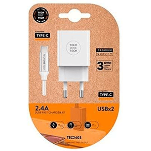 TechOneTech Cargador Doble de Pared + Cable USB-A a USB-C 1m - Recubierto de Nylon Trenzado