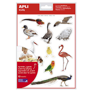 Apli Gomets Tematicos Realistas de Aves - 144 Gomets en 12 Hojas - Imagenes Realistas para Relacionar Aves - Desarrolla Habilidades Motoras - Adhesivo