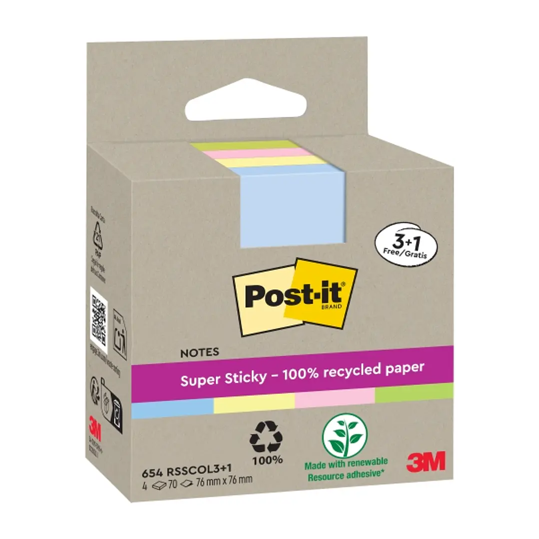 Post-It Super Sticky Pack de 4 Blocs de 70 Notas Adhesivas Recicladas - Forma Cuadrada - 76x76mm - Colores Surtidos 1