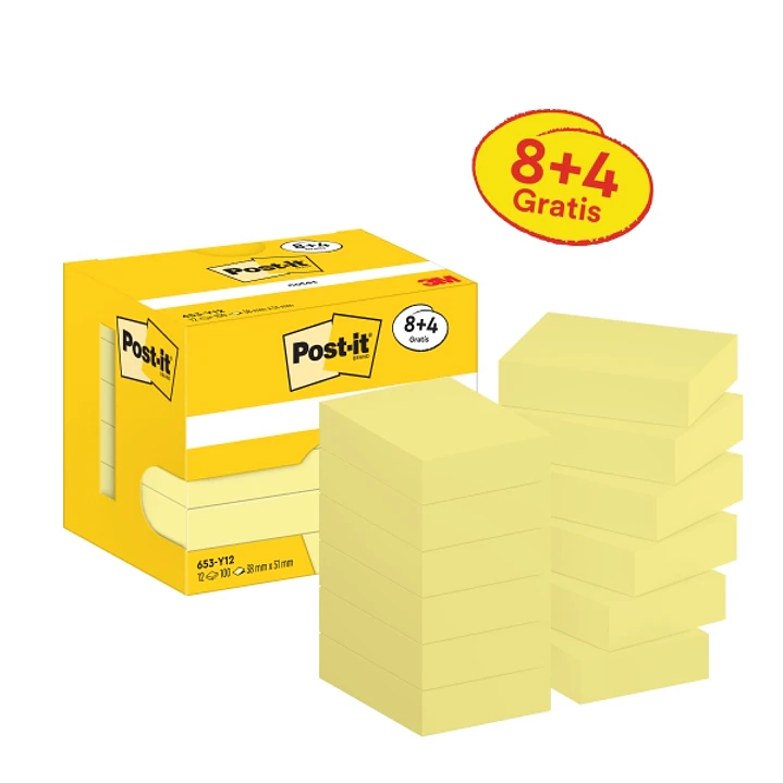 Post-It Pack de 12 Blocs de 100 Notas Adhesivas Reposicionables - Forma Rectangular - 38x51mm - Color Amarillo Claro 1