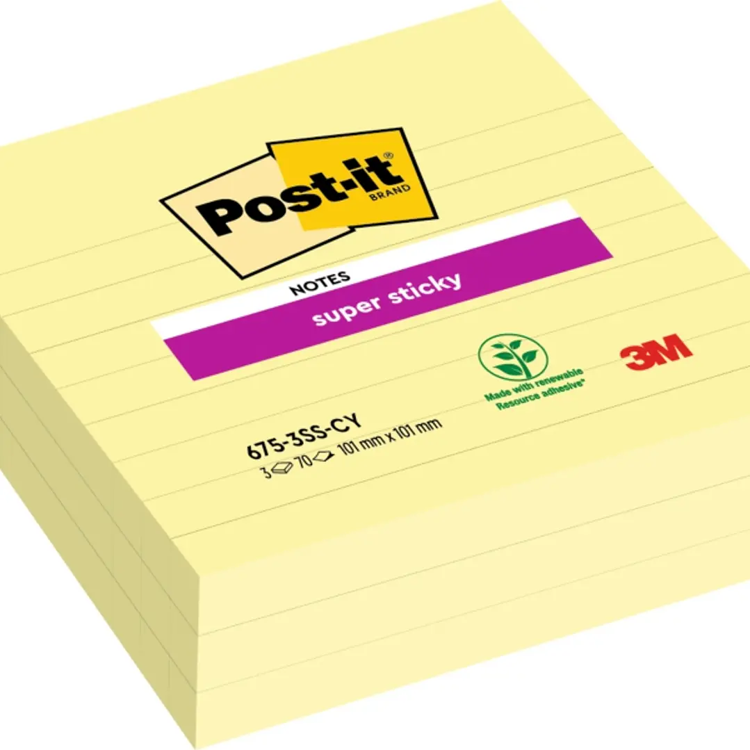 Post-It Super Sticky Pack de 3 Blocs de 70 Notas Grandes Adhesivas Reposicionables - 101x101mm - Color Amarillo Claro 1