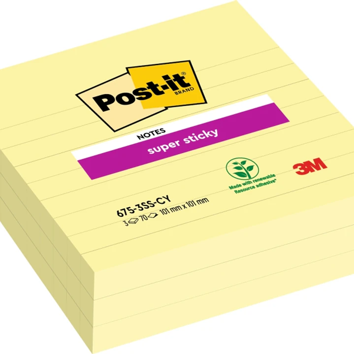 Post-It Super Sticky Pack de 3 Blocs de 70 Notas Grandes Adhesivas Reposicionables - 101x101mm - Color Amarillo Claro 1