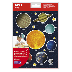 Apli Gomets Tematicos Sistema Solar - 240 Gomets en 12 Hojas - Adhesivo Removible - Ideal para Aprendizaje Visual y Habilidades Motoras - Adhesivo Bas