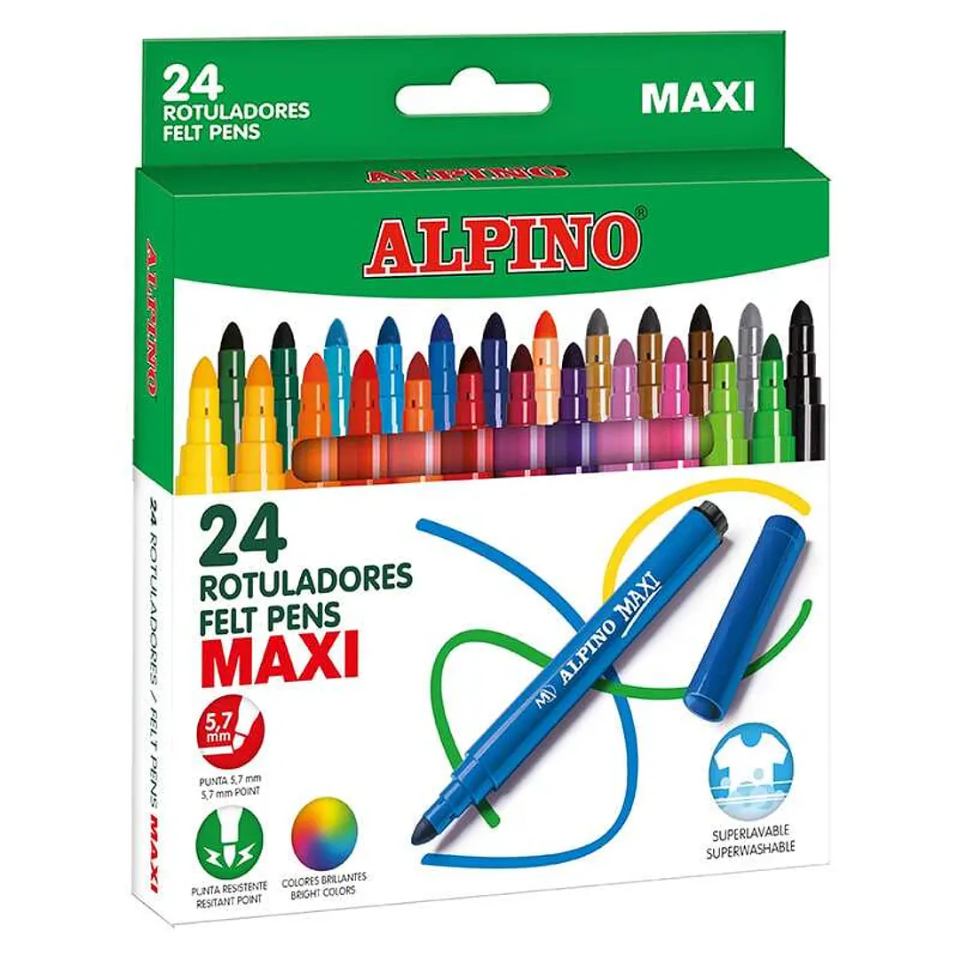 Alpino Maxi Pack de 24 Rotuladores Gruesos - Punta de 6mm - Superlavables, Resistentes, Duraderos y de Colores Brillantes - Ideal para Uso Escolar - C 1