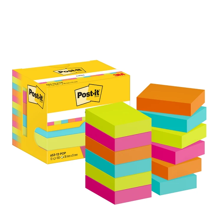 Post-It Pack de 12 Blocs de 100 Notas Adhesivas Reposicionables - Forma Rectangular - 38x51mm - Colores Surtidos 1