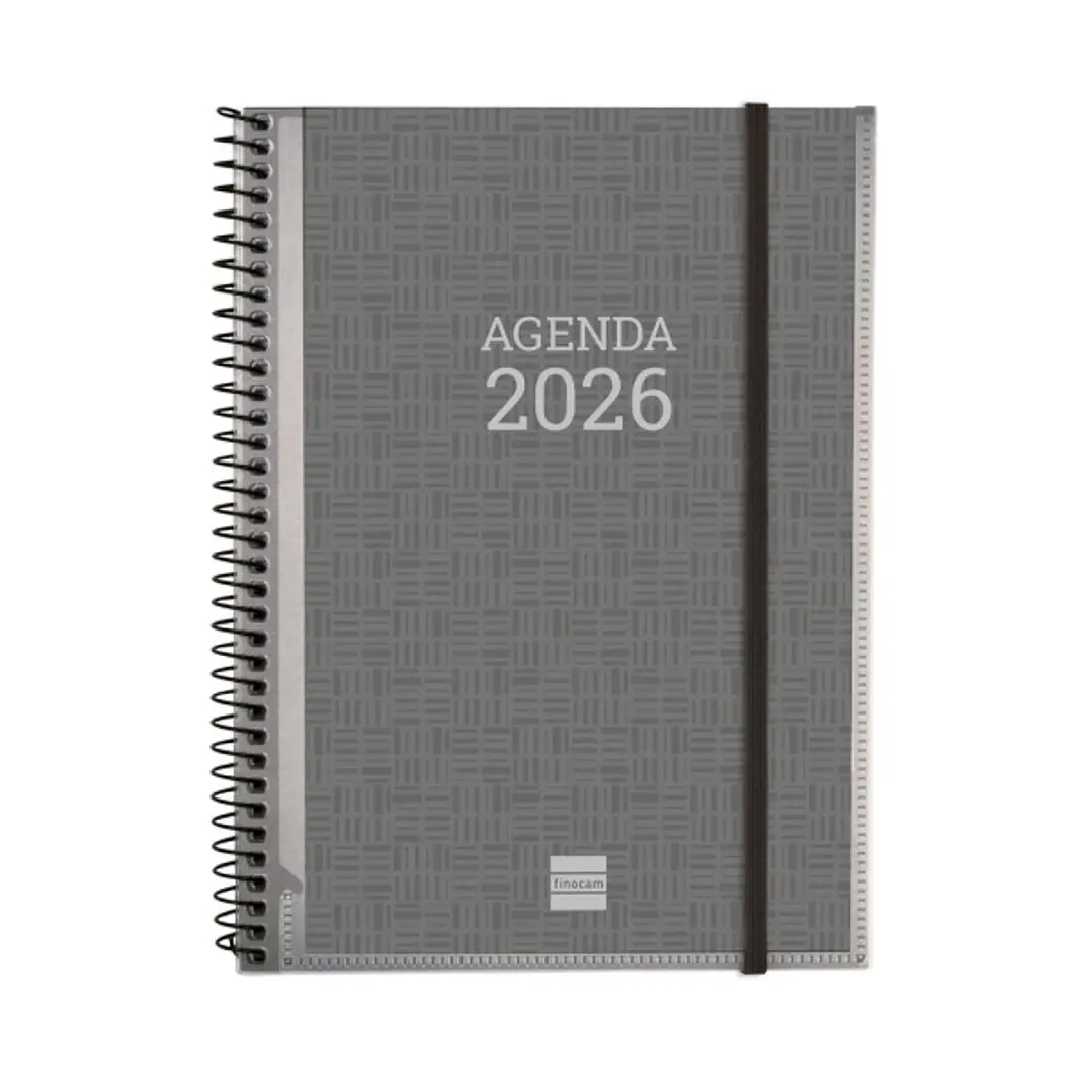 Finocam Agenda Personalizable - Tapa Blanda - Cierre de Goma - Formato E10 - 162x14x212mm - Semana Vista en Vertical - Color Gris 1