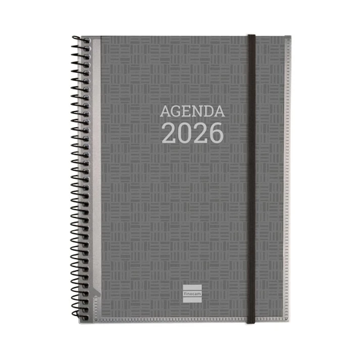 Finocam Agenda Personalizable - Tapa Blanda - Cierre de Goma - Formato E10 - 162x14x212mm - Semana Vista en Vertical - Color Gris 1