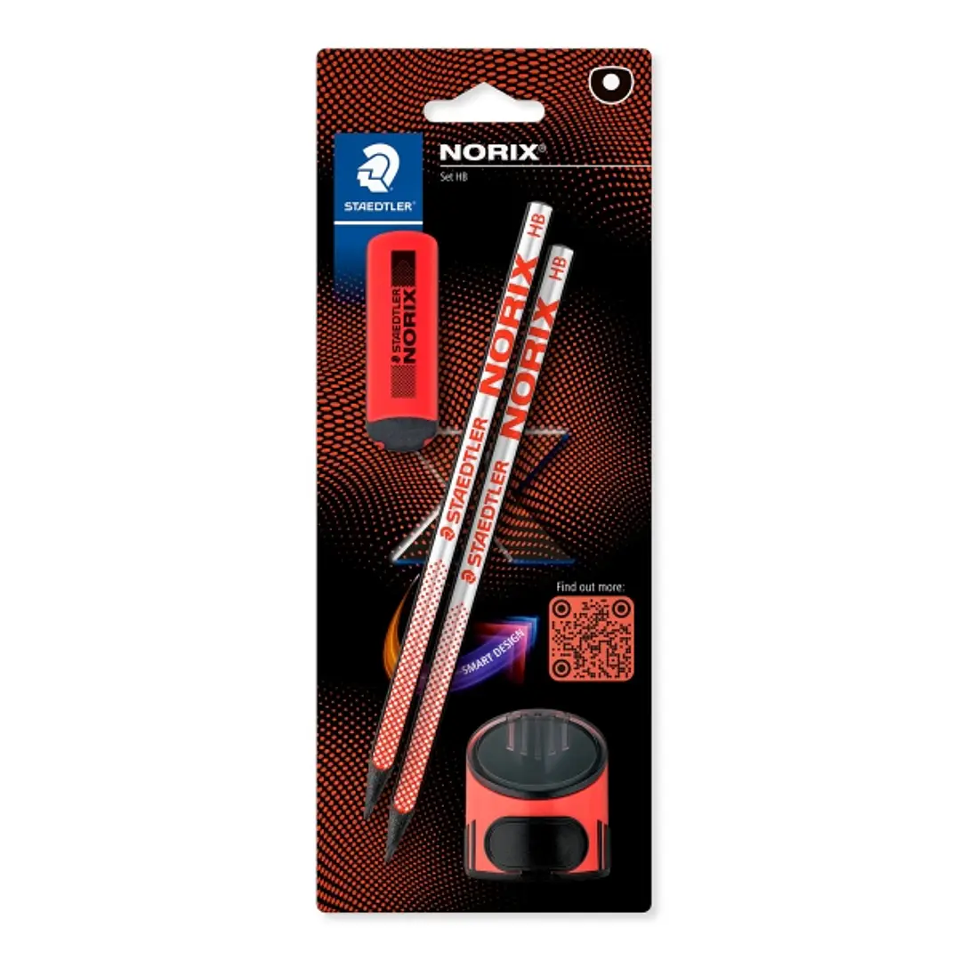 Staedtler Norix Pack de 2 Lapices de Grafito HB + Borrador + Sacapuntas - Madera Negra - Diseño Inteligente 1