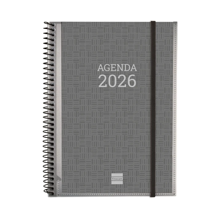 Finocam Basics Agenda en Catalan - Anual 2026 - con Espiral - Personalizable - Formato E10 - 162x14x212mm - Semana Vista Horizontal - Color Gris 1